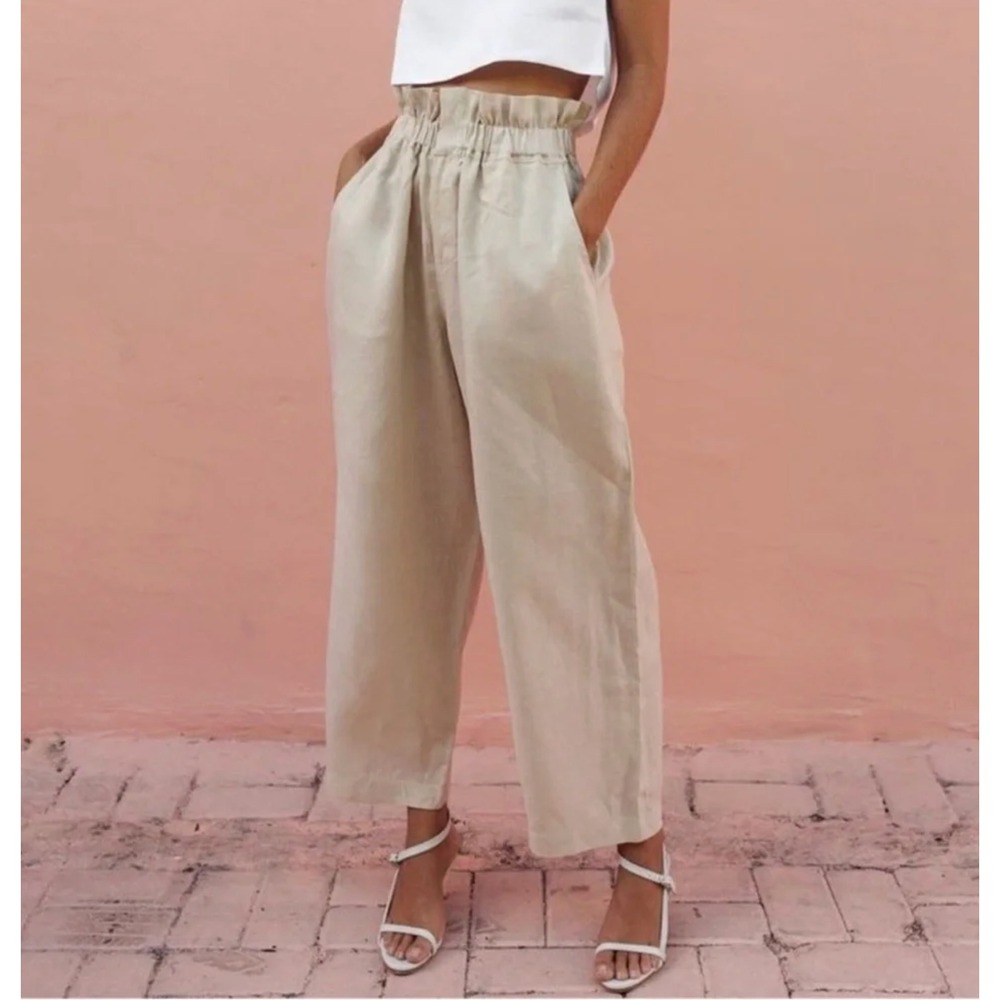 POSSE Women Linen Ducky Paperbag Linen Pant Size XS Beige Vacation Resortwear